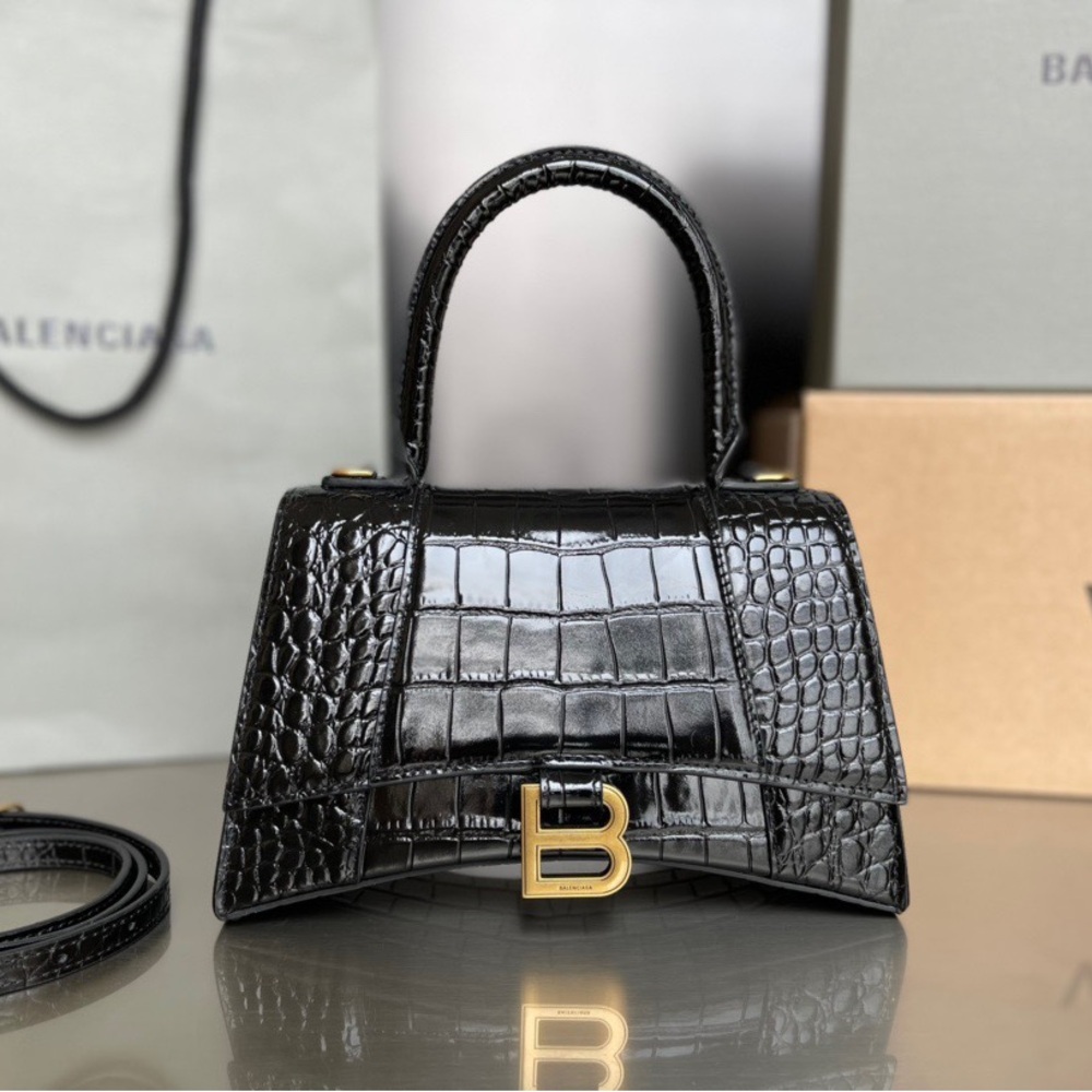 BALENCIAGA Hourglass Extra Small Top Handle Handbag Crocodile Embossed XS Black